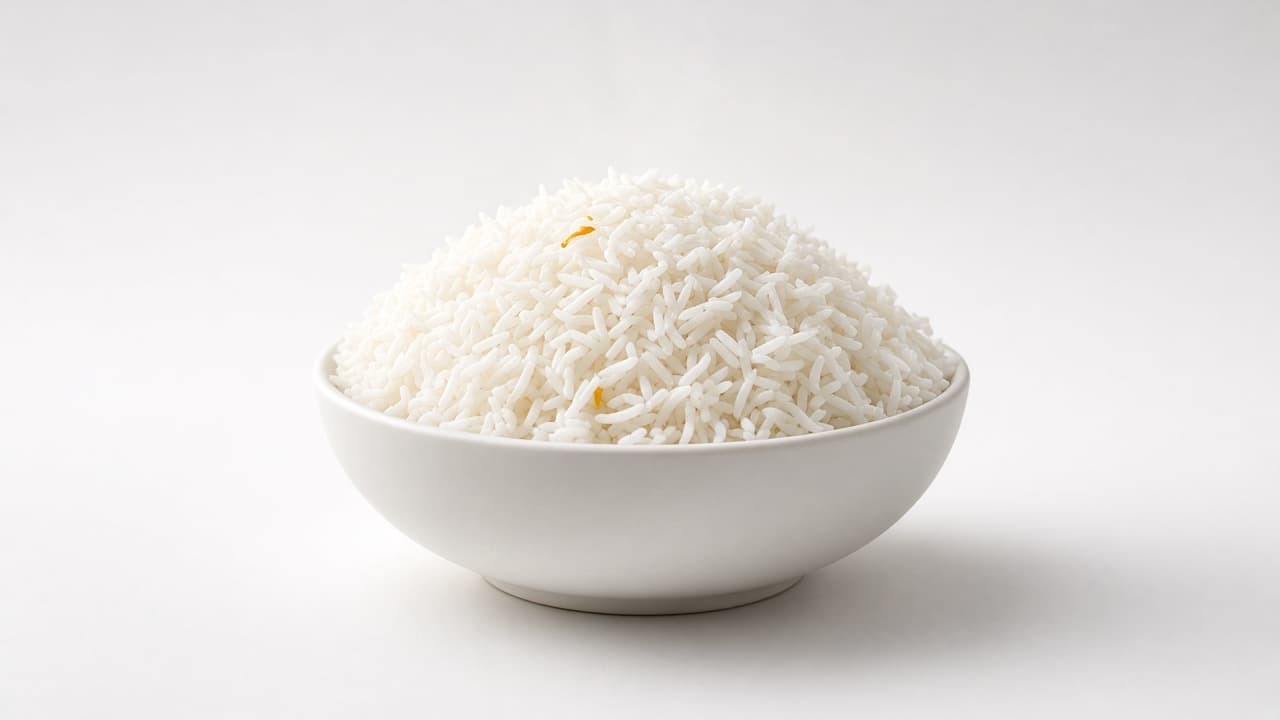 A mound of steamed chalaw in a studio bowl