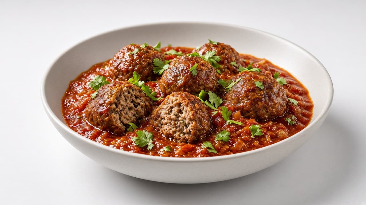 Afghan kofta in tomato sauce in a studio bowl